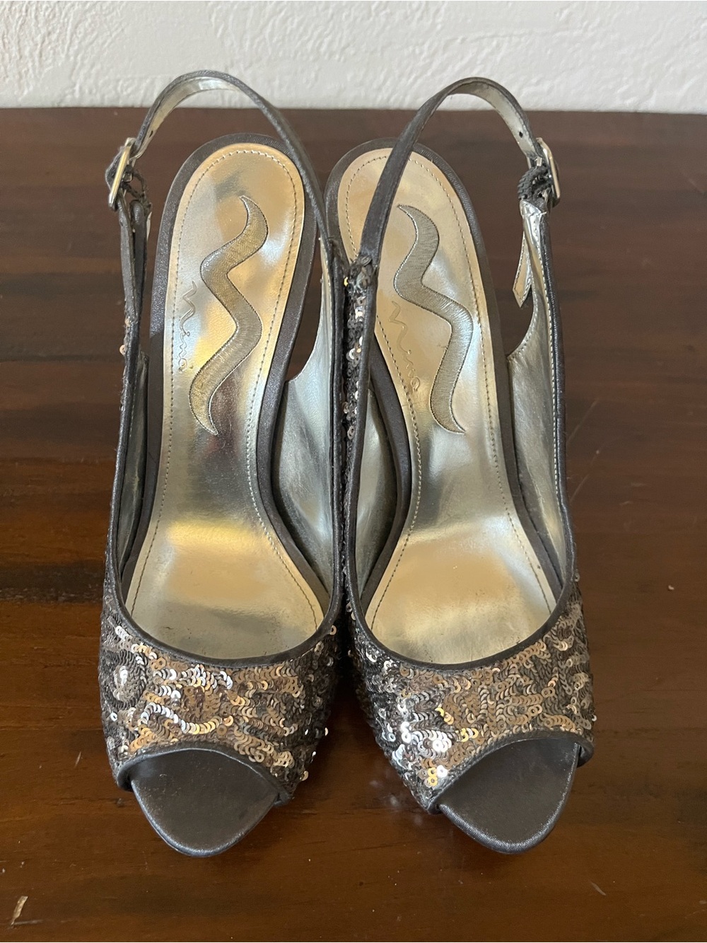 Nina Silver Sequin Peep-Toe Slingback Heels